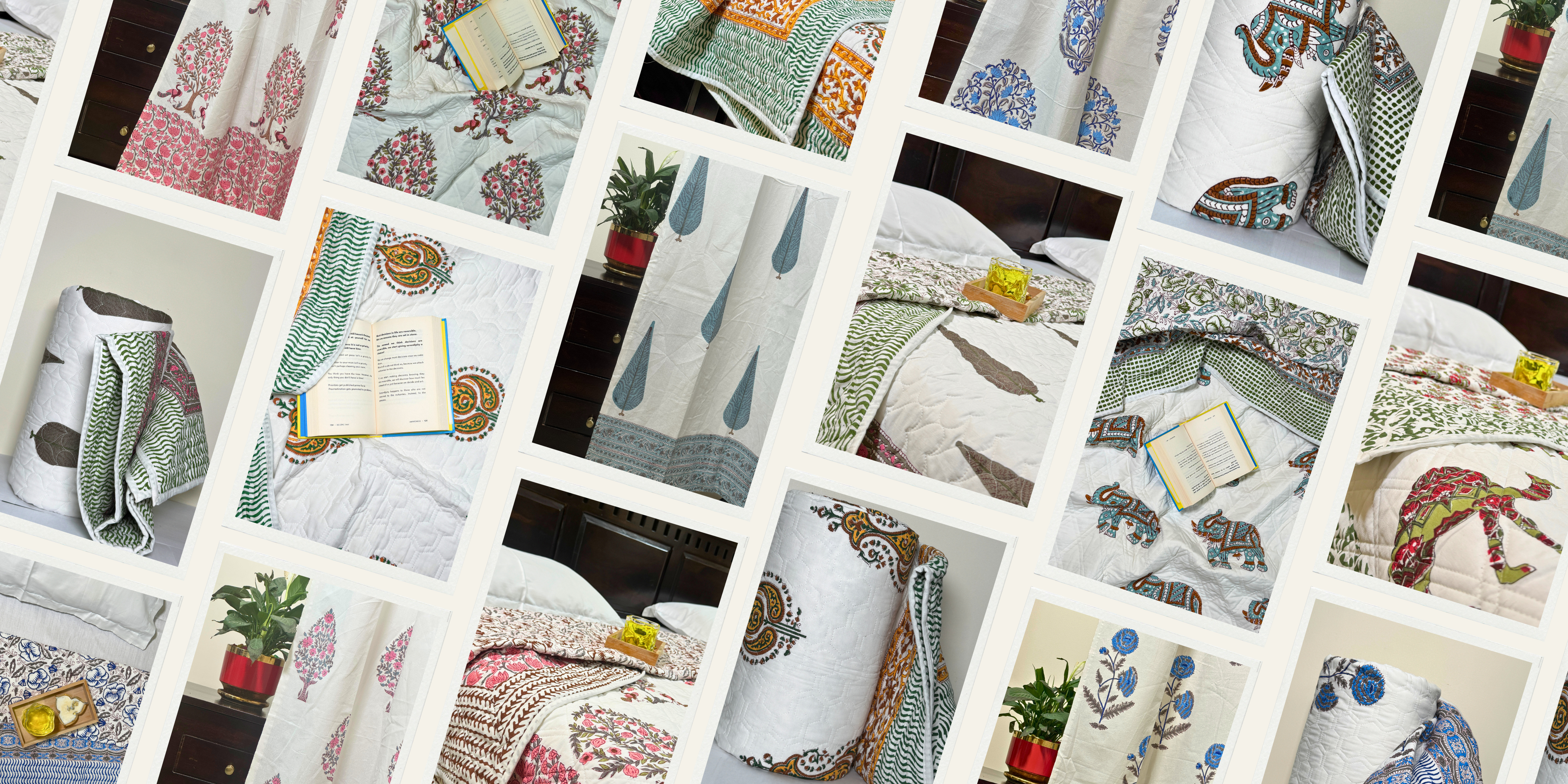 A collage-style banner showcasing Banarsidas Home Decor’s handcrafted quilts and curtains, featuring traditional Indian block prints, vibrant floral motifs, paisleys, and camel and elephant patterns in earthy and pastel tones.