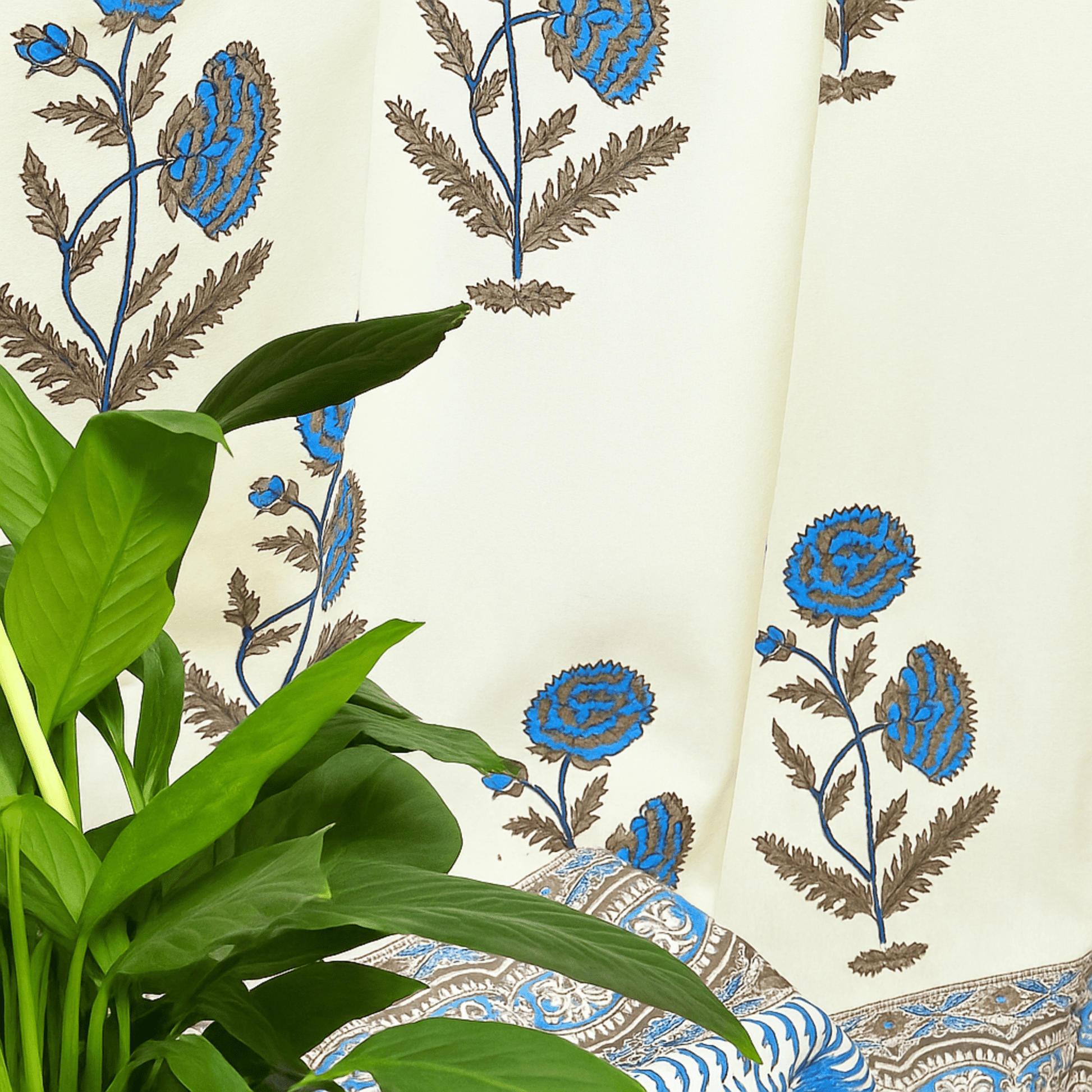 Artisan block printed curtain styled with indoor plant