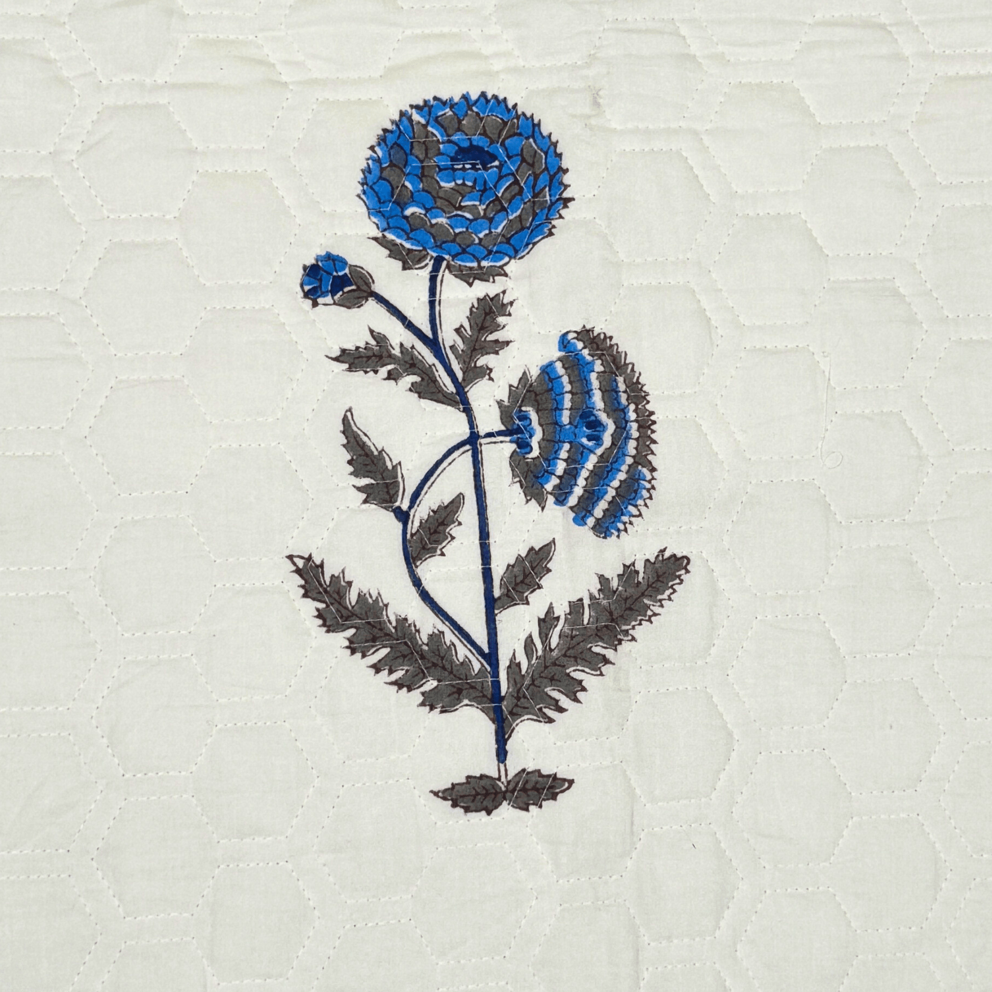 Close-up of blue and brown handprinted floral motif on white quilted cotton fabric with hexagon stitching.