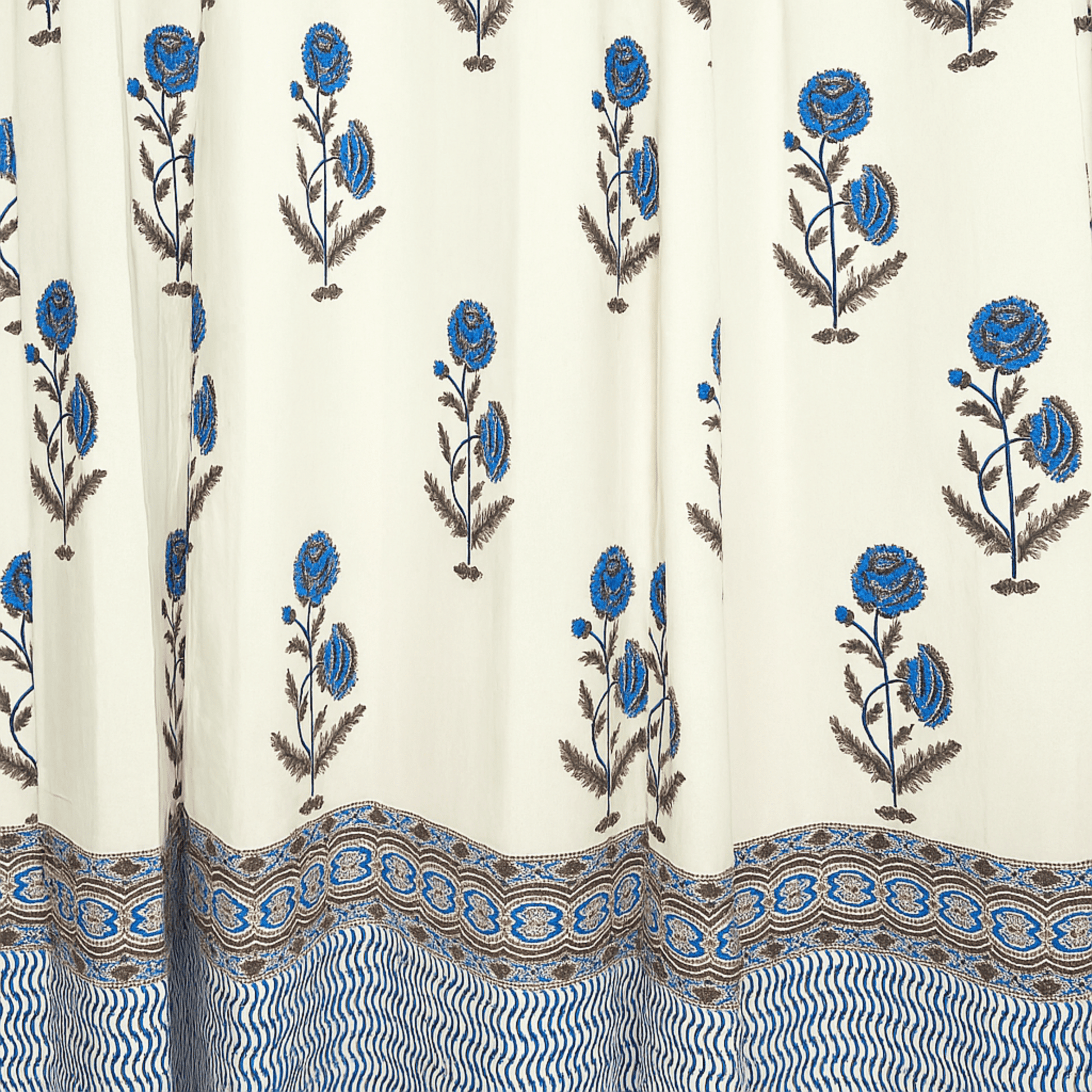 Jaipuri cotton curtain showcasing blue printed border and floral motifs

