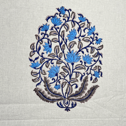 Detailed view of traditional blue Mughal boota handblock print on cotton fabric