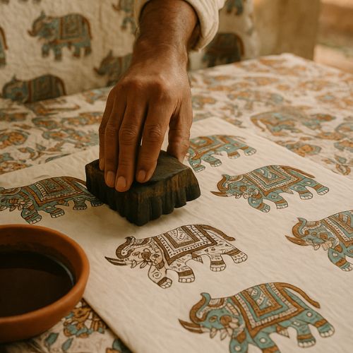 Artisan hand-block printing elephant motifs on cotton fabric using traditional wooden stamps, showcasing the craft of Indian textile making.


