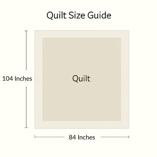 Quilt size guide illustration showing dimensions 104 inches by 84 inches for a standard large cotton quilt