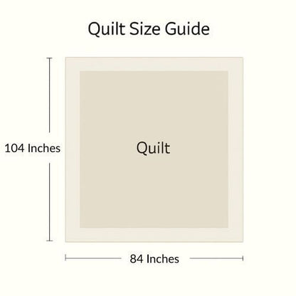 Quilt size guide illustration showing dimensions 104 inches by 84 inches for a standard large cotton quilt